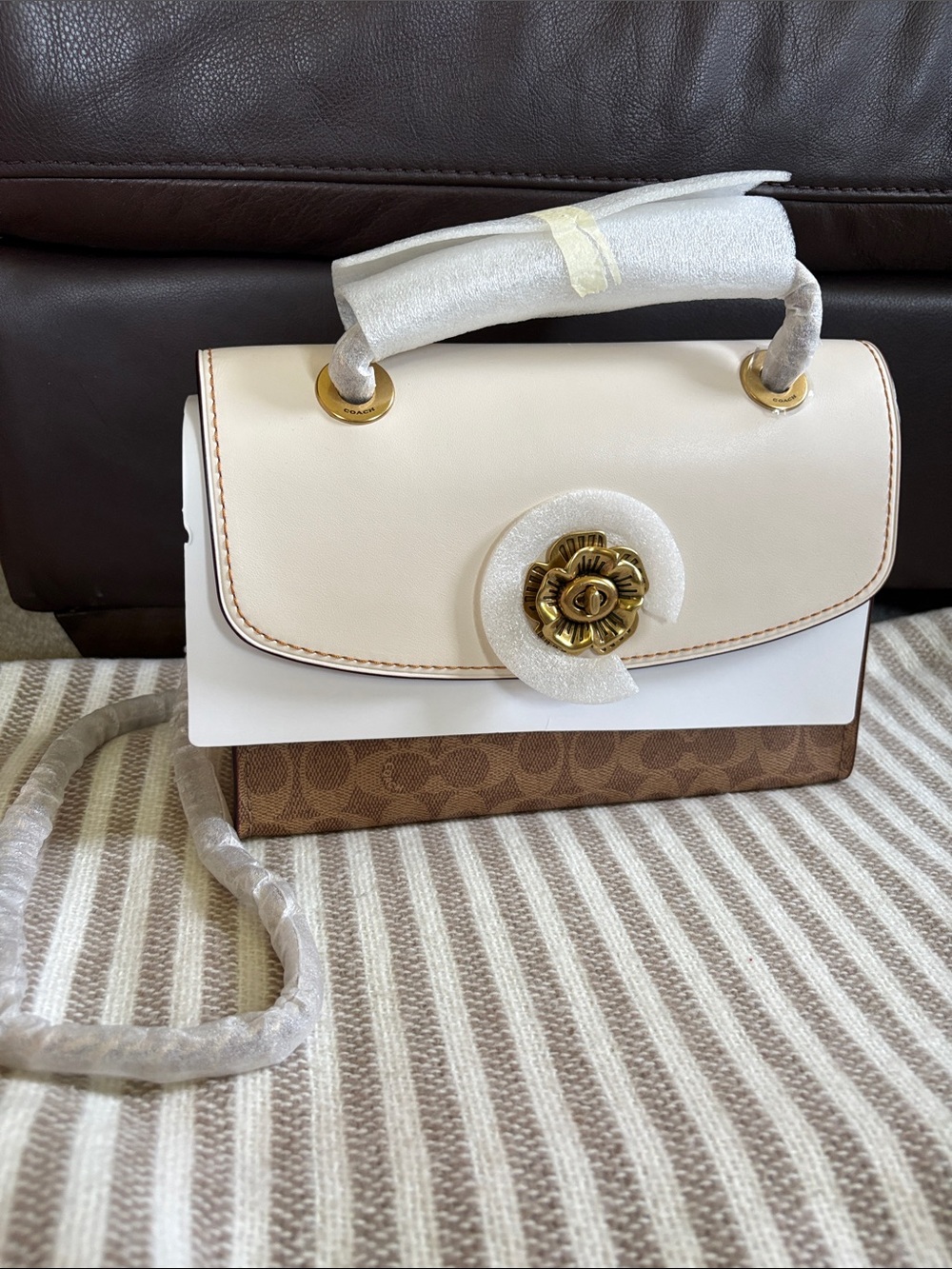 Coach Cream and Brown Signature Canvas Top-Handle Crossbody